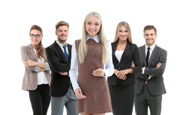 Bir grup gülümseyen iş adamı. Beyaz arkaplan üzerinde izole edilmiş