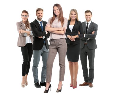 Bir grup gülümseyen iş adamı. Beyaz arkaplan üzerinde izole edilmiş