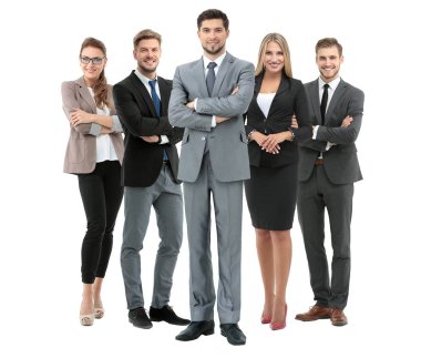 Bir grup gülümseyen iş adamı. Beyaz arkaplan üzerinde izole edilmiş