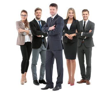 Bir grup gülümseyen iş adamı. Beyaz arkaplan üzerinde izole edilmiş
