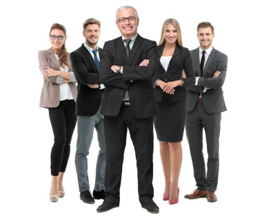 Bir grup gülümseyen iş adamı. Beyaz arkaplan üzerinde izole edilmiş