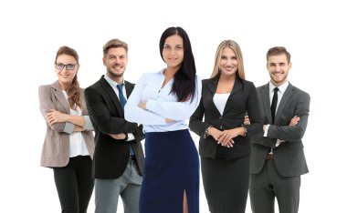 Bir grup gülümseyen iş adamı. Beyaz arkaplan üzerinde izole edilmiş