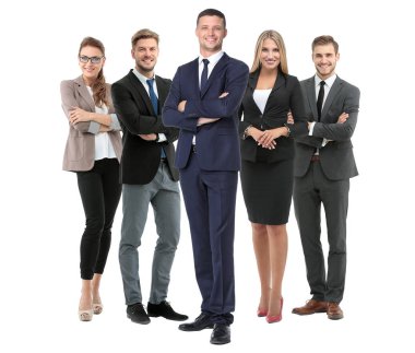 Bir grup gülümseyen iş adamı. Beyaz arkaplan üzerinde izole edilmiş