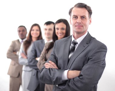 Zarif ortak çalışanlar üzerinde beyaz artalan izole kamera bakıyor