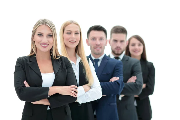 Glückliches Geschäftsteam mit verschränkten Armen im Büro — Stockfoto