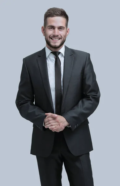 Πορτρέτο του ένα χαμογελαστό επιχειρησιακό άτομο που στέκεται στο προφίλ. Απομονωμένη — Φωτογραφία Αρχείου