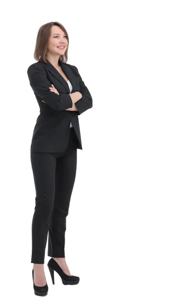 Perfil de pie mujer de negocios con fondo de pared blanco —  Fotos de Stock