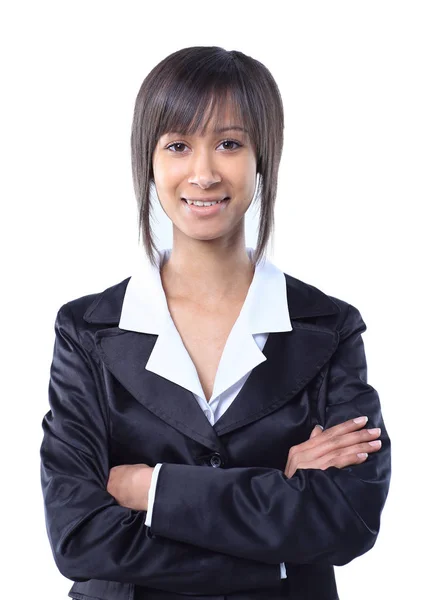 Feliz mujer de negocios vistiendo traje negro de pie y brazos plegables — Foto de Stock