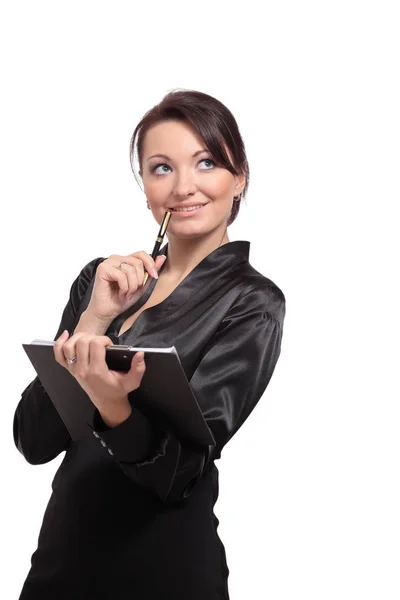 Leende business kvinna håller en mapp. — Stockfoto