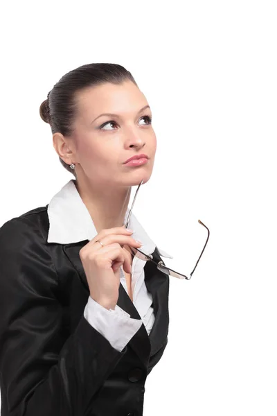 Porträt einer Geschäftsfrau, die über weißen Hintergrund nachdenkt — Stockfoto