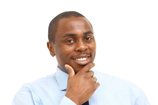 Portrait de heureux jeune homme d'affaires afro-américain regardant th Image En Vente