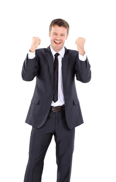 Gelukkige knappe zakenman vieren. Winnaar lachen man — Stockfoto