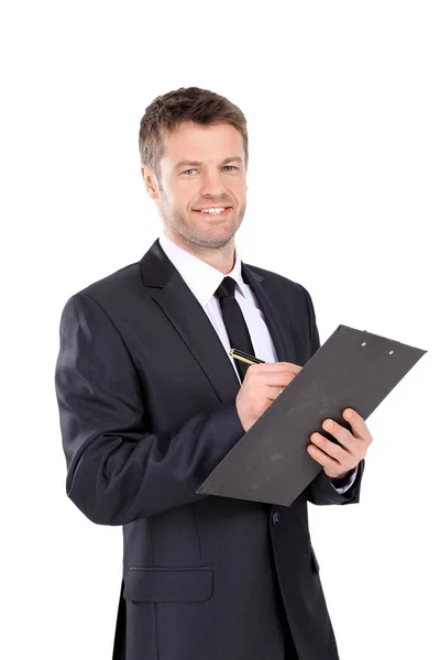 Portrait of happy smiling business man with brown folder Stock Photo