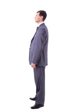 Bakan adam uzakta beyaz arka plan üzerinde izole portresi