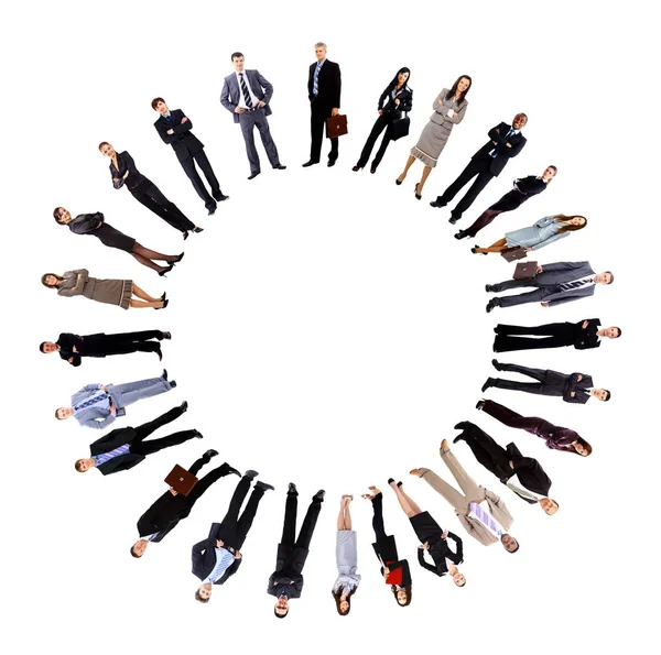 Collage of business people standing around an empty circle — Stock Photo, Image