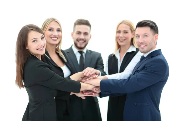 Equipe de negócios feliz mostrando unidade com as mãos juntas — Fotografia de Stock