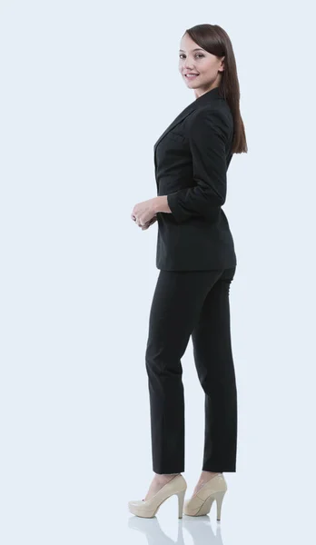 Sonriente mujer de negocios, aislada sobre fondo gris . — Foto de Stock