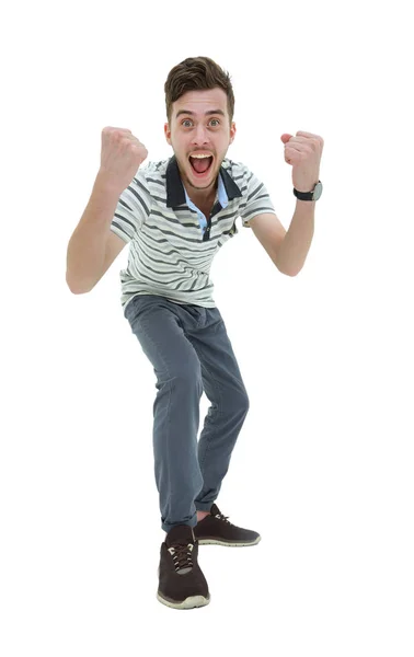 Happy businessman celebrating his success over white background. — Stock Photo, Image