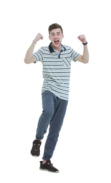 Cheering man with his arms raised up on white background. — Stock Photo, Image