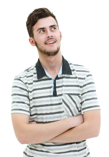 Retrato de perto de um jovem sorridente olhando para o lado. Isol. — Fotografia de Stock