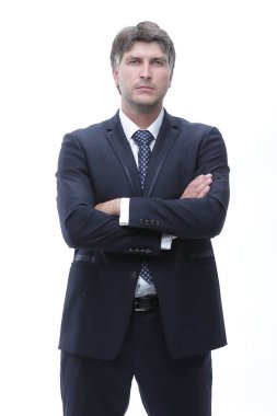 Kolları bağlı, kendinden emin bir iş adamı.