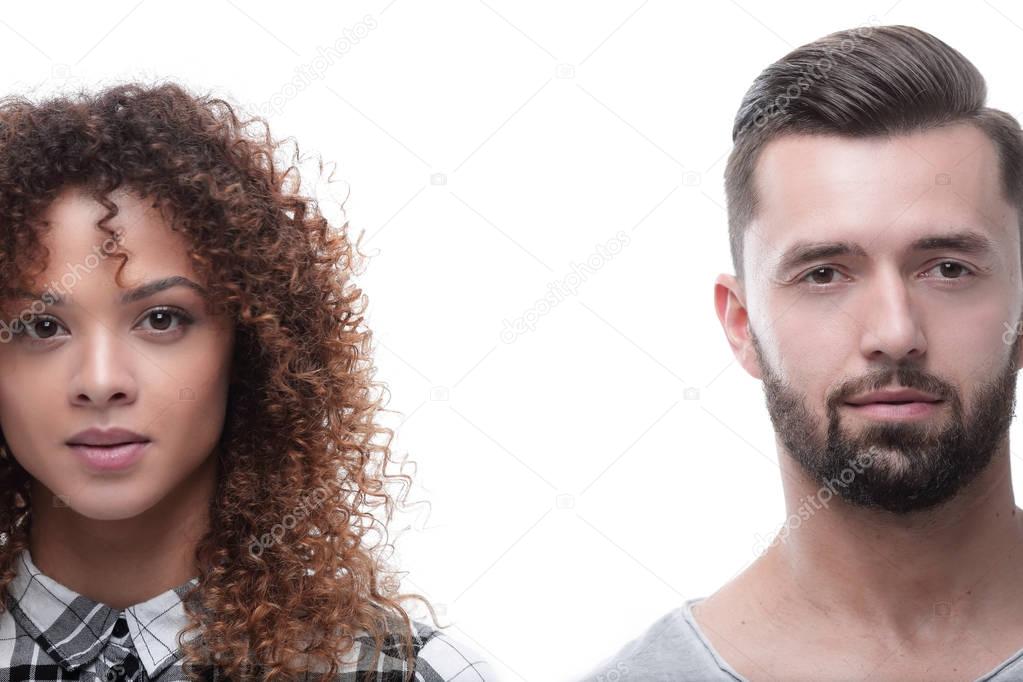 Close-up face of a man and a woman.