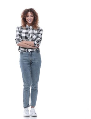 Kendine güvenen genç kadın ekose gömlekli