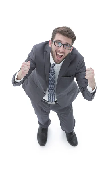 Very happy businessman in business suit. Stock Photo