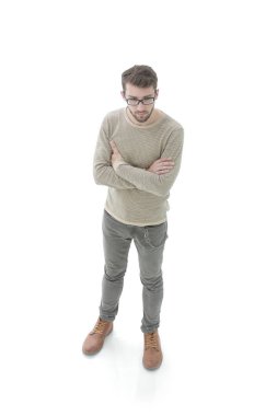 ciddi bir genç adam portresi. Fotoğrafta tam uzunlukta
