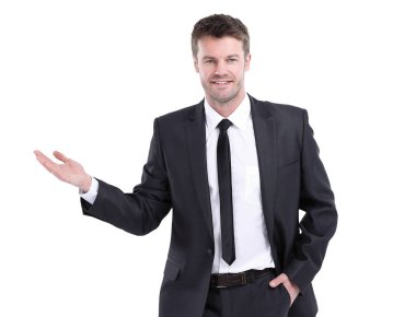 Yakışıklı genç iş adamı kopya alanı gösterilen