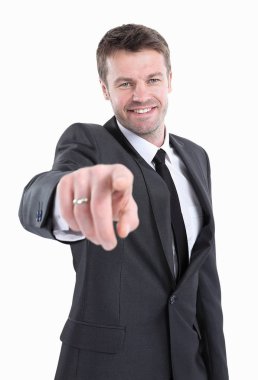 Hayali bir düğmeye basarak iş adamı. Beyaz izole.