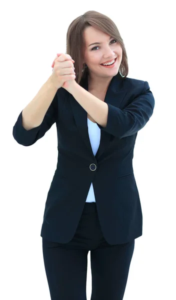 Портрет возбужденной деловой женщины, поднимающей руку на белом — стоковое фото