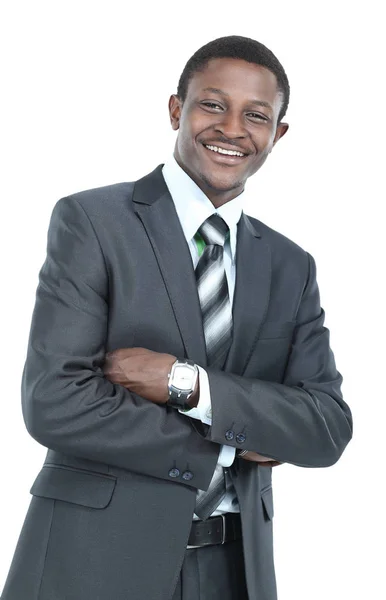 Photo of smiling  african man dressed in suit standing isolated — Stock Photo, Image