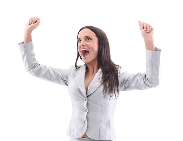 Portrait of excited business woman raising hand on white