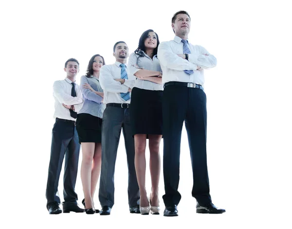 Smiling and confident business team standing isolated on white — Stock Photo, Image