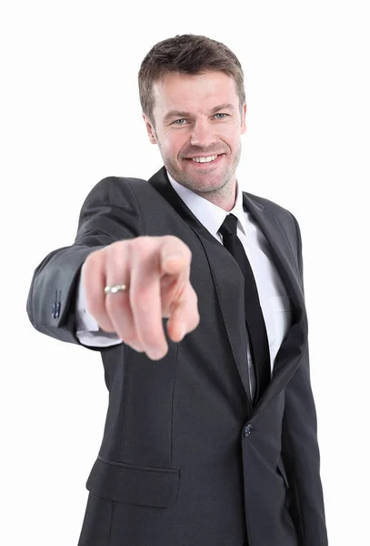 Uomo d'affari che preme un pulsante immaginario. Isolato su bianco . — Foto Stock