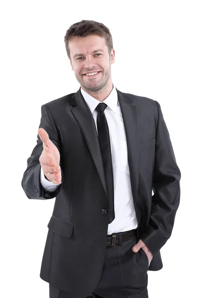 Portrait of happy successful manager smiling and inviting Royalty Free Stock Images