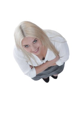 Üstten Görünüm. Başarılı iş kadını kameraya bakıyor.