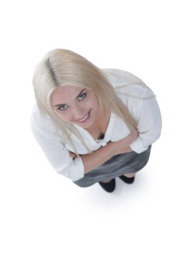 Üstten Görünüm. Başarılı iş kadını kameraya bakıyor.