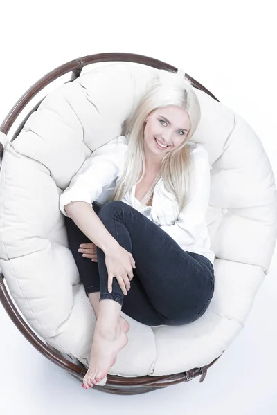 View from above . Close-up of a beautiful sad young woman lying — Stock Photo, Image