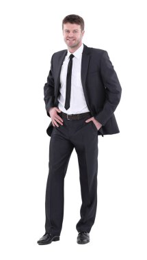 Tam boy başarılı menajer gülümsemesi beyaza izole edilmiş.