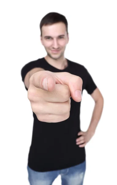 Νεαρός άνδρας οδηγεί ένα δάχτυλο κατευθείαν απομονωθεί σε λευκό — Φωτογραφία Αρχείου