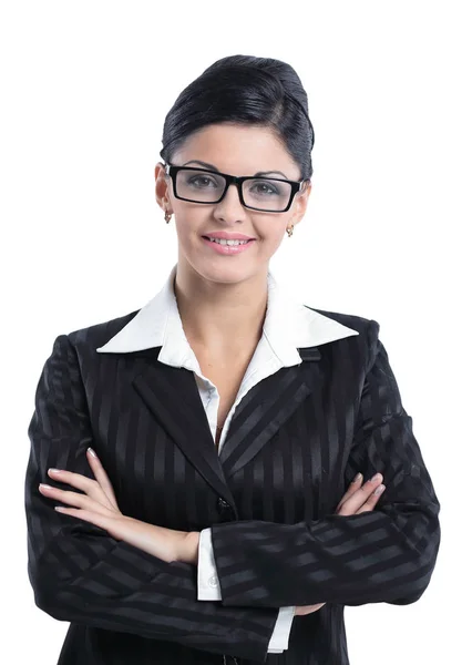 Χαμογελώντας γυναίκα των επιχειρήσεων, που απομονώνονται σε λευκό φόντο. — Φωτογραφία Αρχείου