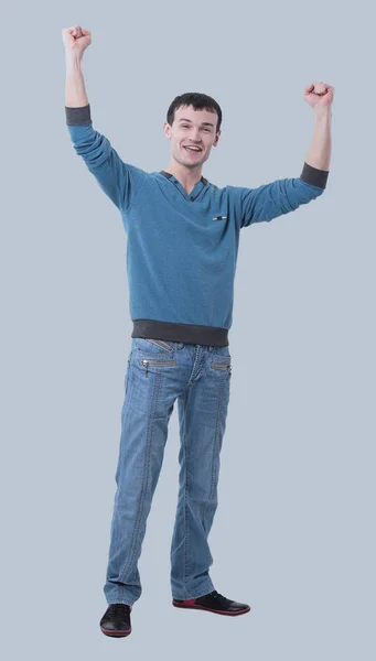 Молодий щасливий портрет випадкового чоловіка, ізольований на сірому фоні — стокове фото