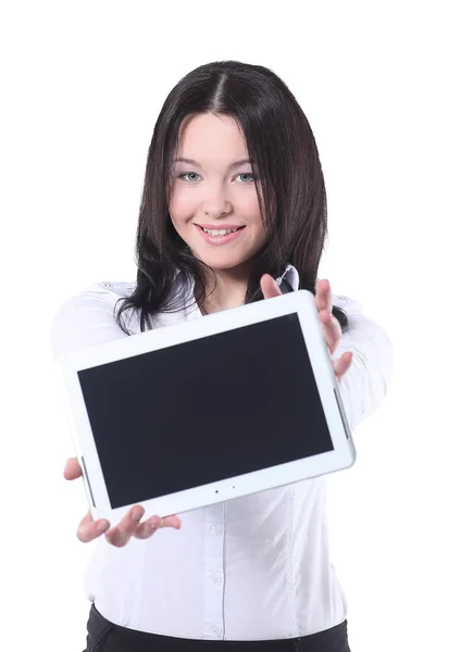 Щаслива бізнес-леді тримає планшет з копіювальним простором — стокове фото