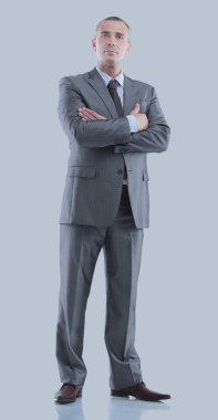 Olgun iş adam silah üzerinde izole gri katlanmış.