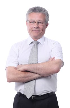 Olgun iş adam silah üzerinde izole beyaz katlanmış.