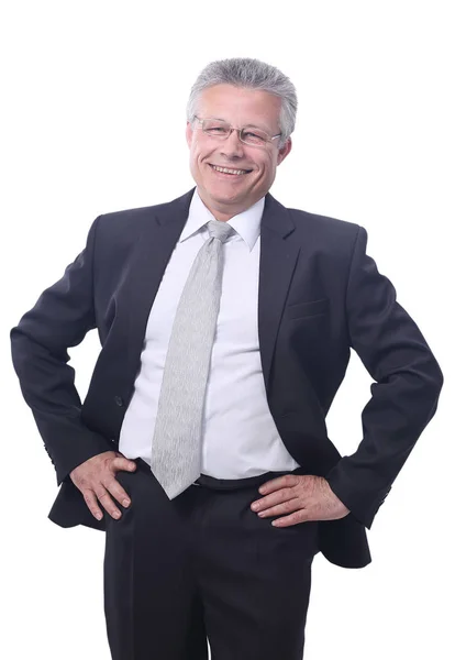 Uomo d'affari dai capelli grigi sorridente isolato su sfondo bianco . — Foto Stock