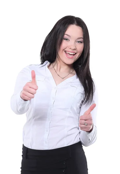 Successful business  woman posing against gray background. — Stock Photo, Image