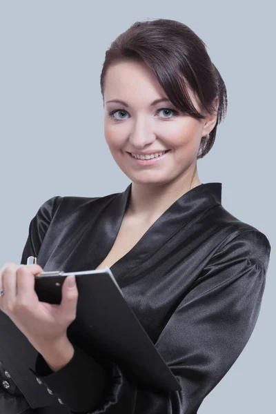 Schöne junge Geschäftsfrau isoliert auf grauem Hintergrund. — Stockfoto